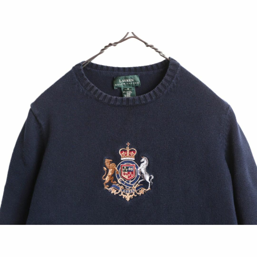 Ralph Lauren(ラルフローレン)の90s LAUREN ラルフローレン コットン ニット セーター レディース M / 古着 90年代 オールド ポロ クルーネック ネイビー クレスト 刺繍 紺 レディースのトップス(ニット/セーター)の商品写真