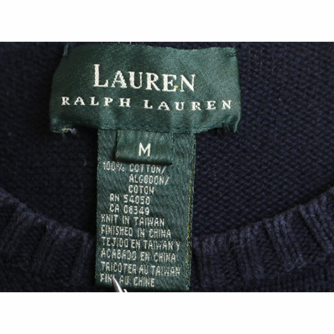 Ralph Lauren(ラルフローレン)の90s LAUREN ラルフローレン コットン ニット セーター レディース M / 古着 90年代 オールド ポロ クルーネック ネイビー クレスト 刺繍 紺 レディースのトップス(ニット/セーター)の商品写真
