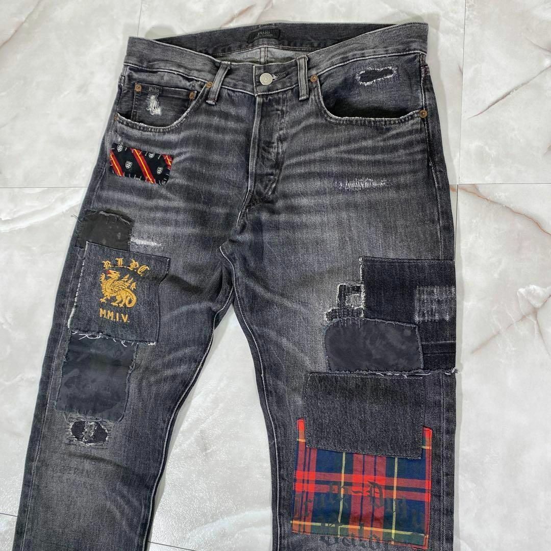 ポロラルフローレン　パッチワークデニム　ブラック W31 メキシコ製　チェック メンズのパンツ(デニム/ジーンズ)の商品写真