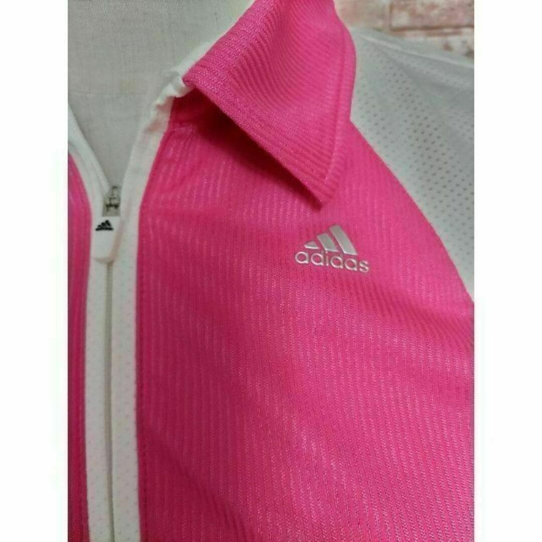 adidas(アディダス)のadidas アディダス ゴルフ ハーフジップ 半袖シャツ ピンク×白 S スポーツ/アウトドアのゴルフ(ウエア)の商品写真