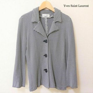 イヴサンローラン(Yves Saint Laurent)の美品 イヴサンローラン ボーダー柄 オープンカラー 長袖 ニット カーディガン(カーディガン)