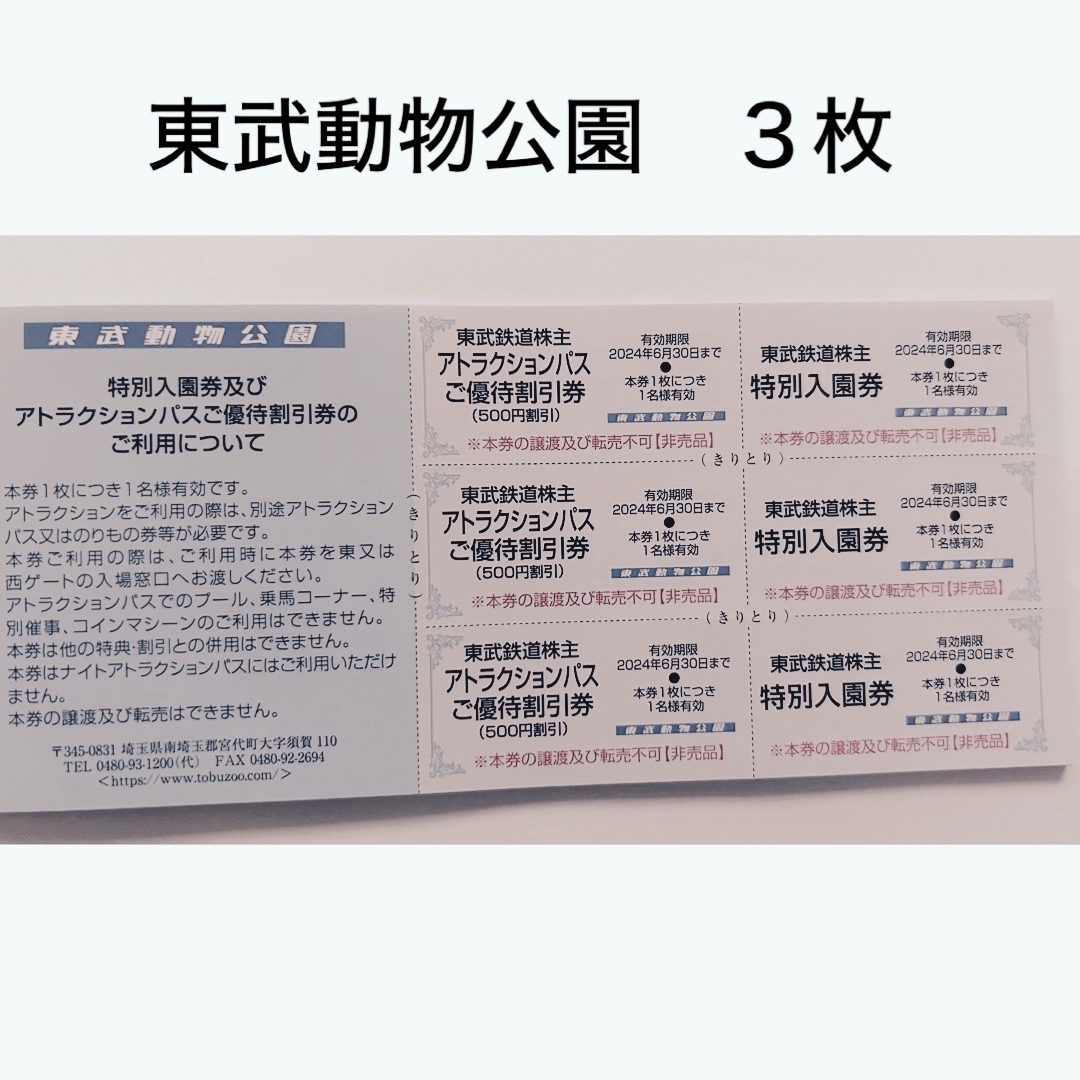 東武動物公園　入園券・アトラクションパス優待割引券2024年6月30日迄 チケットの施設利用券(遊園地/テーマパーク)の商品写真