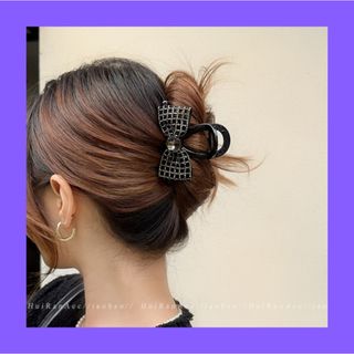 ヘアクリップ リボン ラインストーン 黒 碁盤目 レディース(バレッタ/ヘアクリップ)