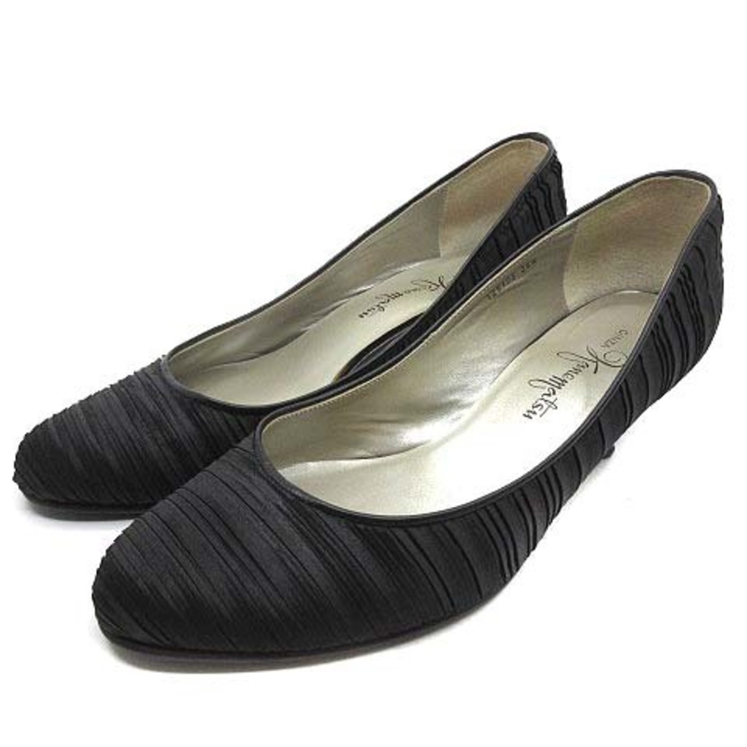 GINZA Kanematsu(ギンザカネマツ)の銀座かねまつ サテン プリーツ パンプス ヒール ブラック 黒 24.5cm レディースの靴/シューズ(ハイヒール/パンプス)の商品写真