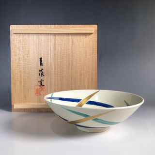 リ５４　茶碗　『京焼』『青嵐窯造』『仁清写武蔵野文』『平茶碗』　共箱　茶道具(陶芸)