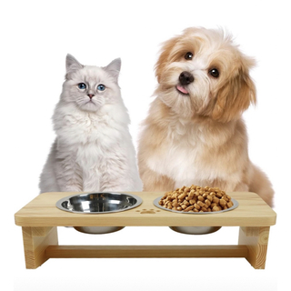 ECOMEX　猫エサ台、木製15度斜めネコ食器、犬食事台ペット餌入れ犬猫用ボウル(その他)