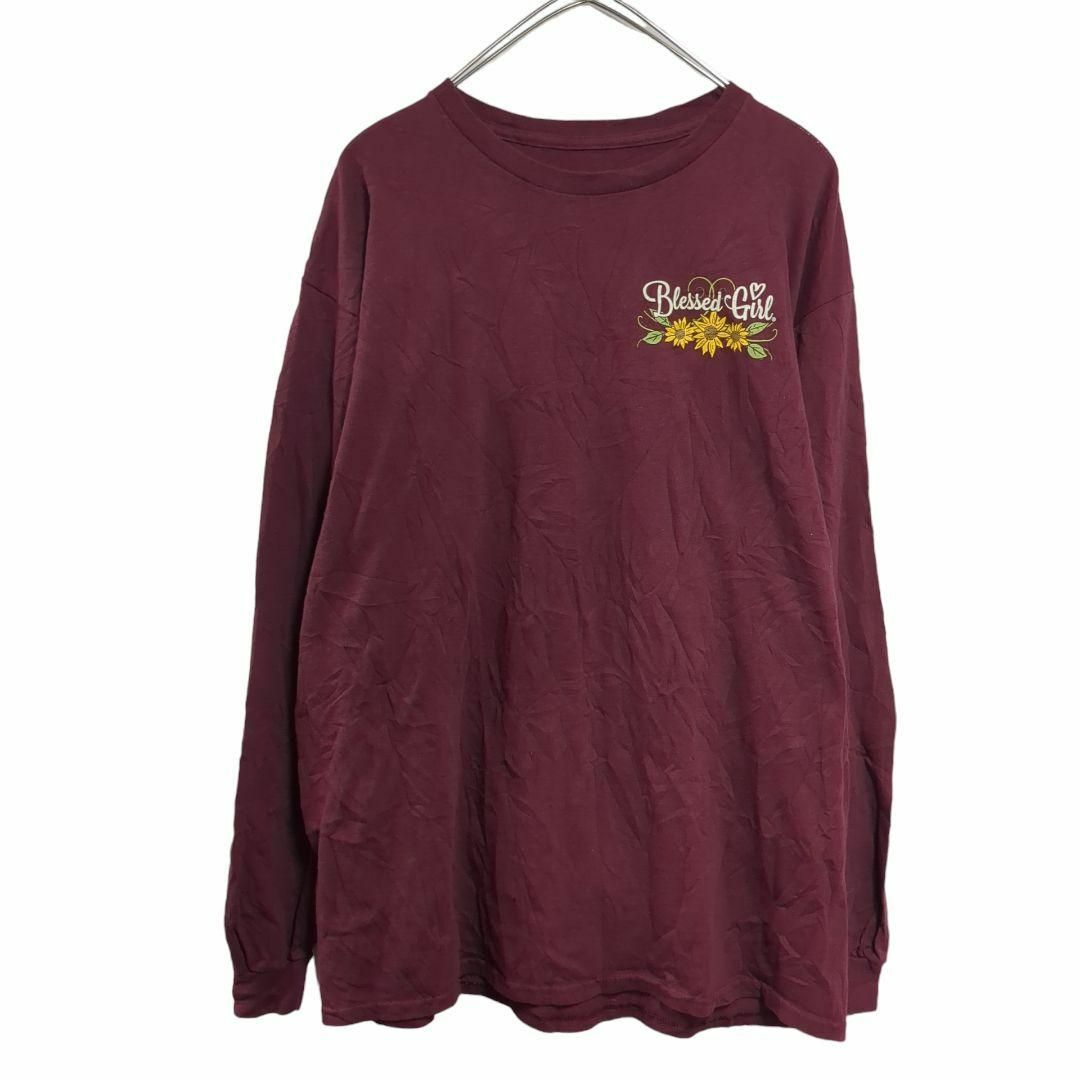 ひまわり花柄プリントロゴロンT　長袖シャツ　インポートUS古着ボルドーL 21 メンズのトップス(Tシャツ/カットソー(七分/長袖))の商品写真
