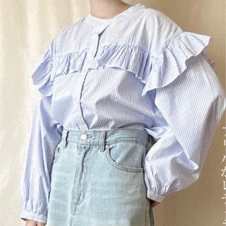 シマムラ(しまむら)のしまむら　Lutique  スケ　ストライプ　フリルブラウス　ナガソデ　M(シャツ/ブラウス(長袖/七分))