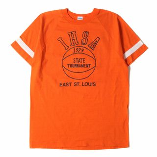 Champion vintage チャンピオン ヴィンテージ Tシャツ サイズ:XL 70s バータグ フロッキープリント フットボール クルーネック 半袖Tシャツ オレンジ 70年代 古着 トップス カットソー【メンズ】【中古】(Tシャツ/カットソー(半袖/袖なし))