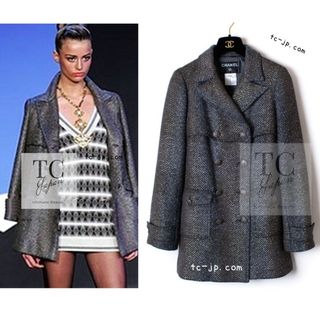 シャネル(CHANEL)の120万 シャネル ジャケット CHANEL グレー シルバー シェブロン ダブル ウール ツイード コート 超美品 38(テーラードジャケット)