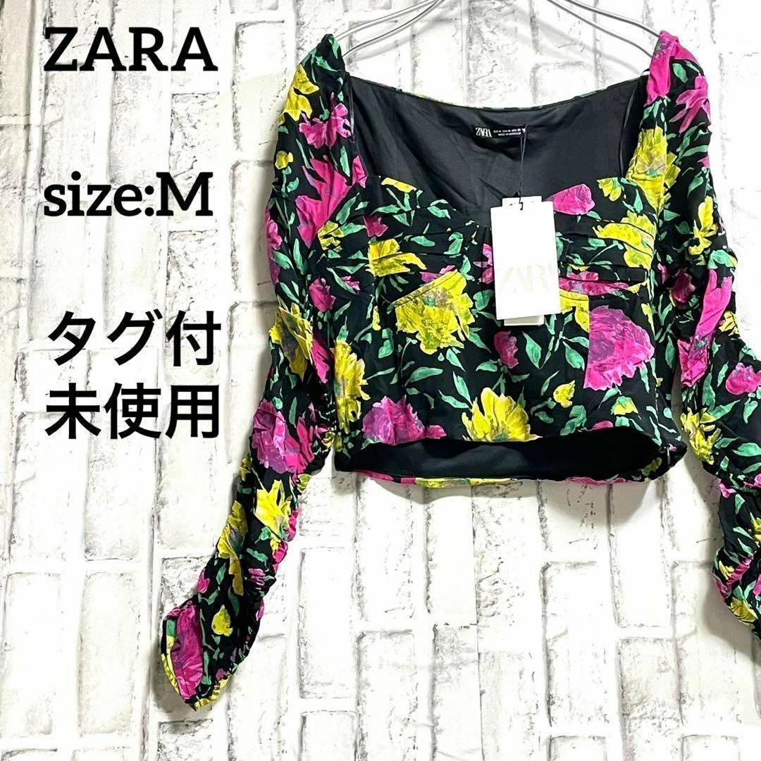 ZARA(ザラ)のZARAザラ　フローラルクロップドトップス　花柄　レトロポップ　シャーリング レディースのトップス(カットソー(長袖/七分))の商品写真