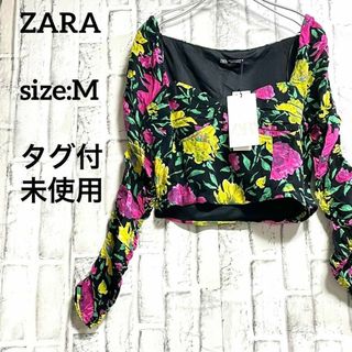 ザラ(ZARA)のZARAザラ　フローラルクロップドトップス　花柄　レトロポップ　シャーリング(カットソー(長袖/七分))