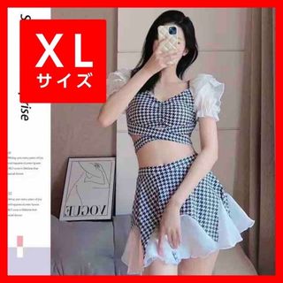 ④XL【フェミニン】千鳥柄　可愛い　韓国　原宿　体系カバー　水着　UV　着痩せ　(水着)