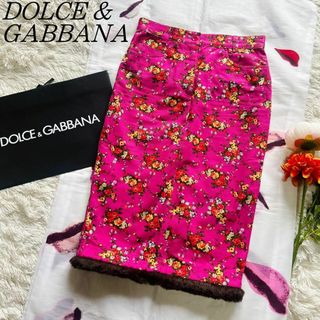 【良品】DOLCE&GABBANA 総柄スカート ピンク 花柄 ファー 38