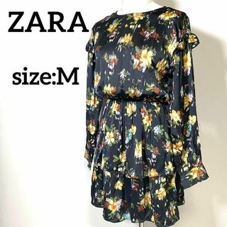 ザラ(ZARA)のZARAザラ　フローラルプリントティアードミニワンピース　花柄　長袖　黒　M(ミニワンピース)