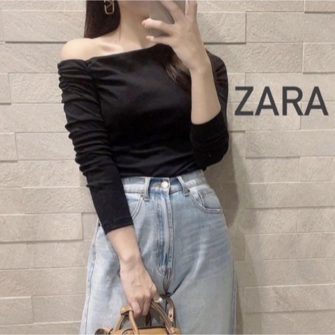 ZARA(ザラ)の【完売品】ZARAギャザーTシャツ⭐︎ブラックM レディースのトップス(Tシャツ(長袖/七分))の商品写真