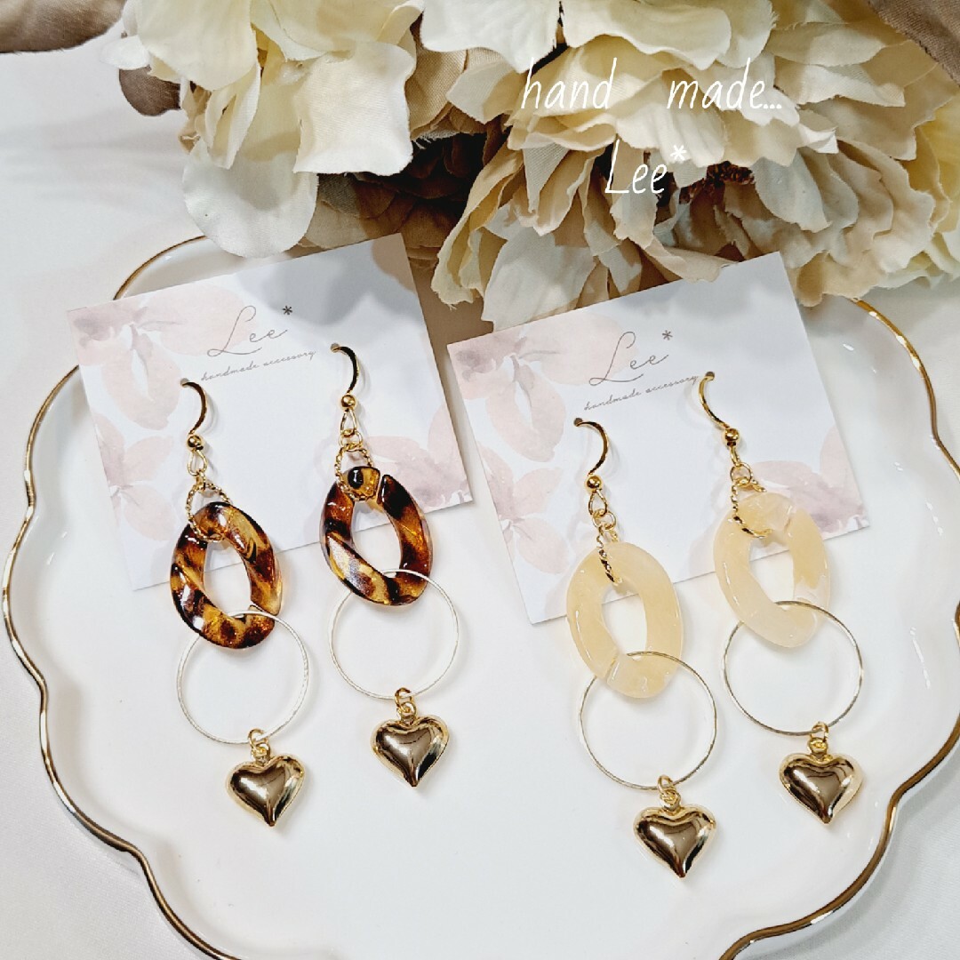 No...10♡レオパード&ナチュラルベージュ　ハート揺れる♡ピアス/イヤリング ハンドメイドのアクセサリー(ピアス)の商品写真