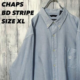 チャップス(CHAPS)のアメリカ古着CHAPS 刺繍ロゴ長袖オックスフォードストライプBDシャツXL青白(シャツ)