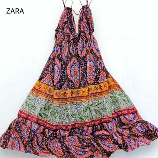 ザラ(ZARA)の美品＊ZARA シアー キャミワンピース ロング 総柄 マルチカラー M(ロングワンピース/マキシワンピース)