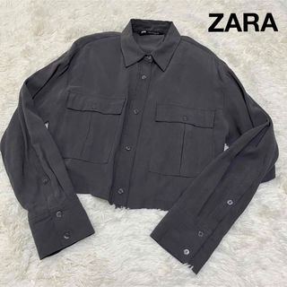 ザラ(ZARA)のZARA ショート丈 クロップド シャツ ブラウス トップス チャコールグレー(シャツ/ブラウス(長袖/七分))