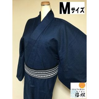 【中古】ウール 男物 濃紺地に砂嵐文様 単衣 裄68 Mサイズ リサイクル(着物)