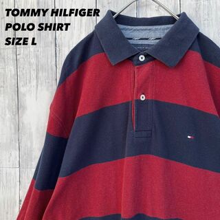 トミーヒルフィガー(TOMMY HILFIGER)のアメリカ古着　トミーヒルフィガー　刺繍ロゴ長袖ボーダー柄鹿の子ポロシャツ　L紺赤(ポロシャツ)