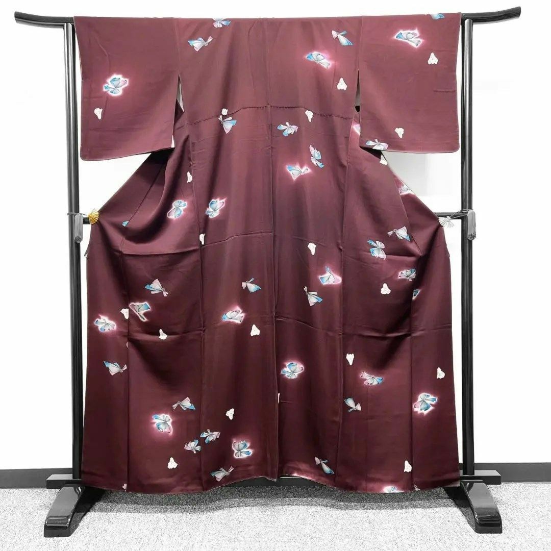 小紋　花模様　抽象花　ワインレッド　着物　025w レディースの水着/浴衣(その他)の商品写真