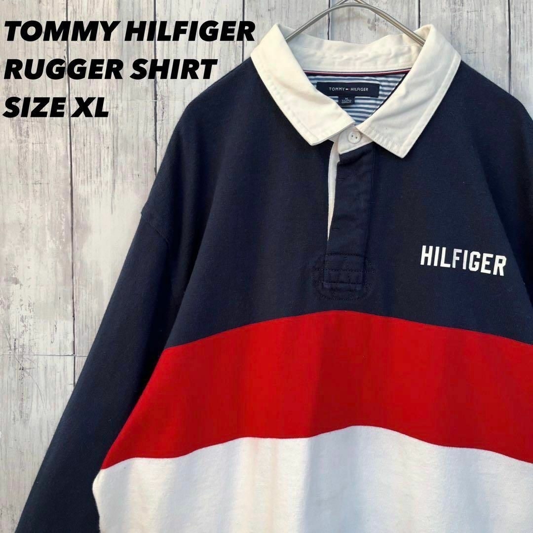 TOMMY HILFIGER(トミーヒルフィガー)の3枚おまとめ　トミーヒルフィガー　刺繍ロゴ長袖切替カラーラガーシャツ　サイズL. メンズのトップス(ポロシャツ)の商品写真