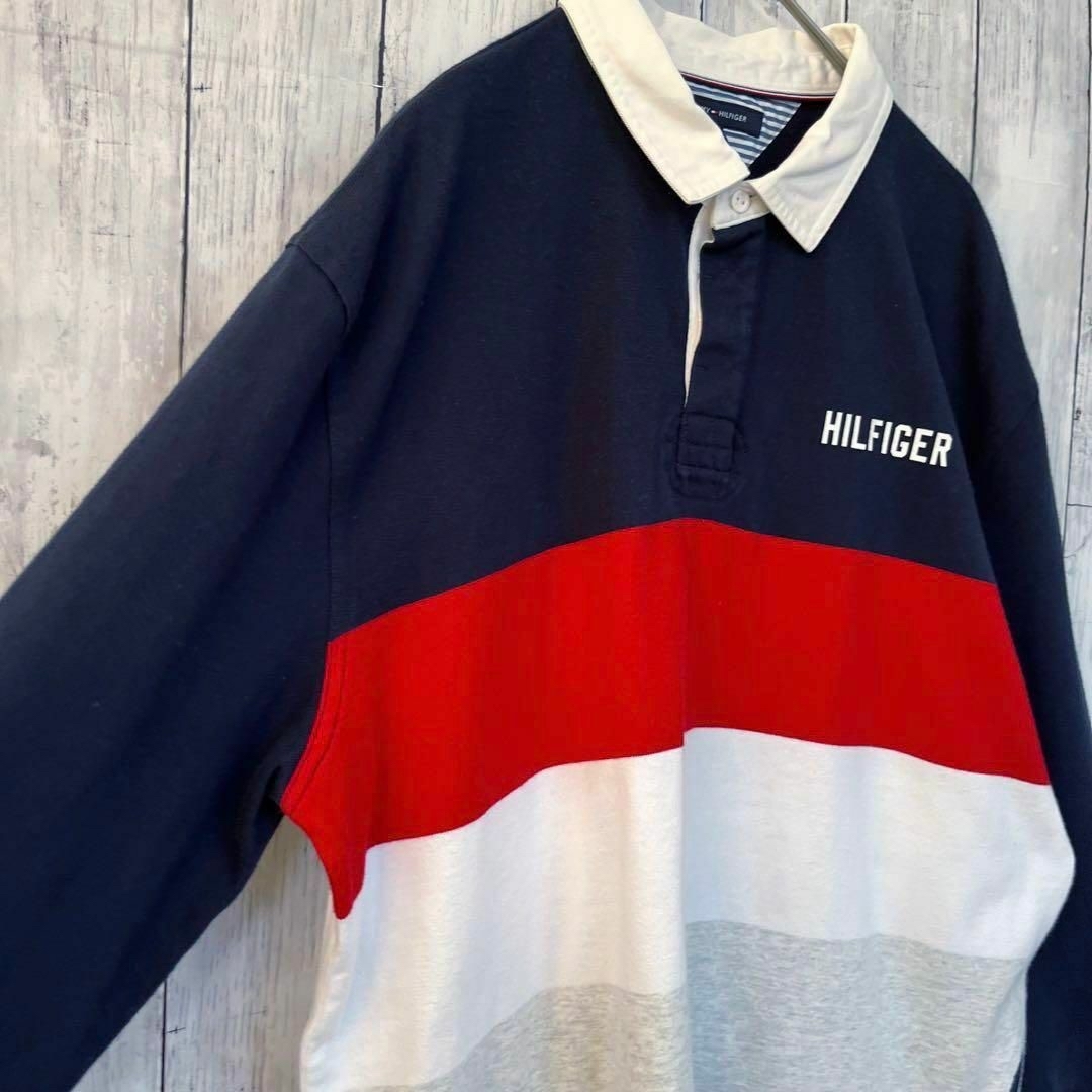 TOMMY HILFIGER(トミーヒルフィガー)の3枚おまとめ　トミーヒルフィガー　刺繍ロゴ長袖切替カラーラガーシャツ　サイズL. メンズのトップス(ポロシャツ)の商品写真