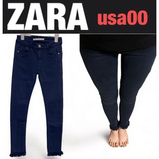 ザラ(ZARA)の美品　ZARA ザラ　紺　ネイビー　裾フリンジ　スキニー　ストレッチ　パンツ(スキニーパンツ)