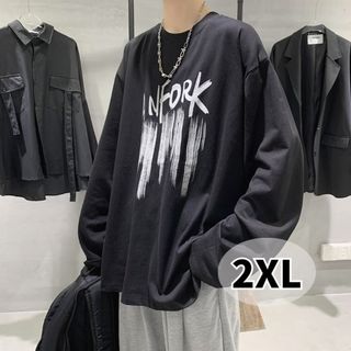 メンズ ロンT ブラック 長袖 黒 ロゴ 2XL オーバーサイズ 重ね着(Tシャツ/カットソー(七分/長袖))