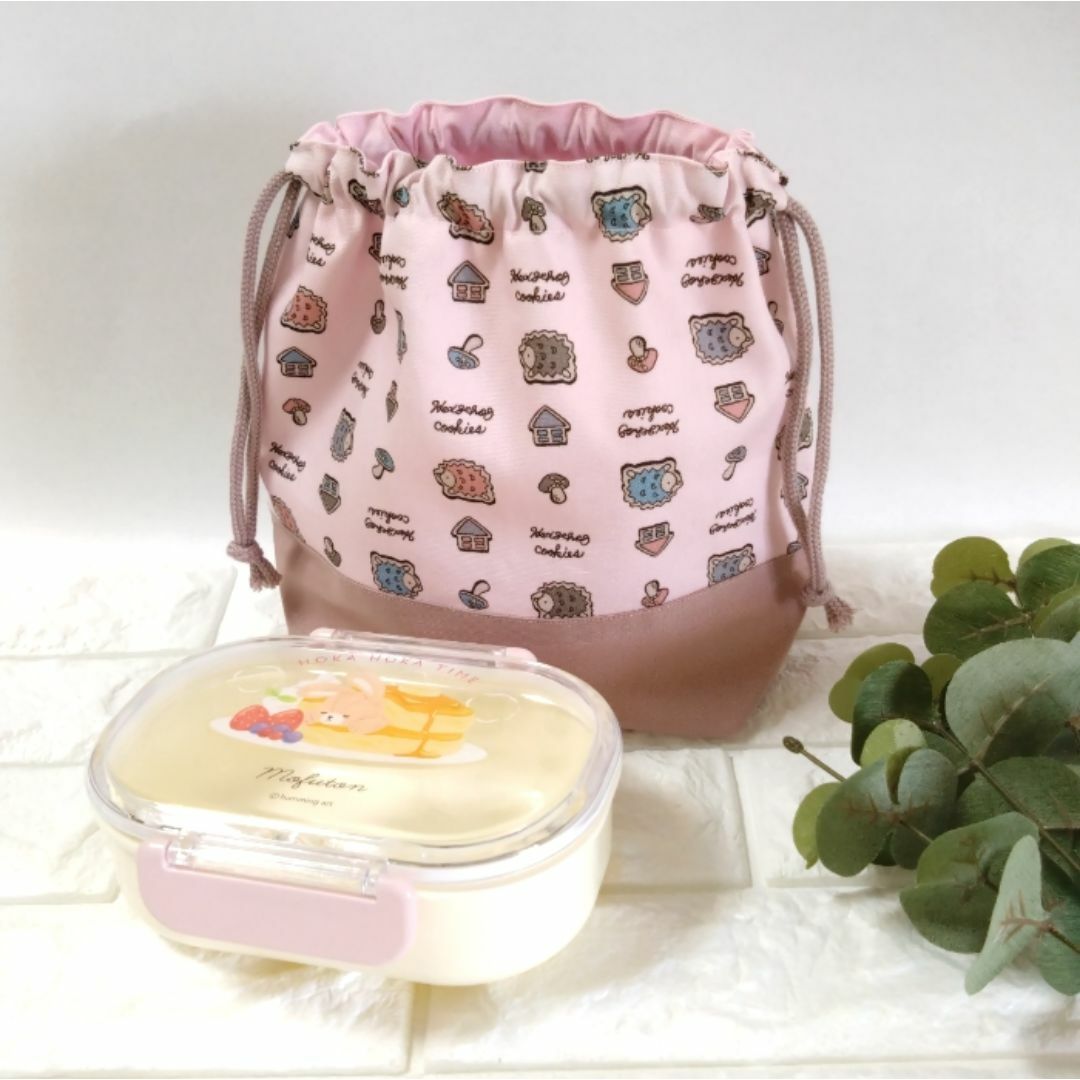 ＊《お弁当袋》クッキーなハリネズミ・ピンク　＃n588 ハンドメイドのキッズ/ベビー(バッグ/レッスンバッグ)の商品写真