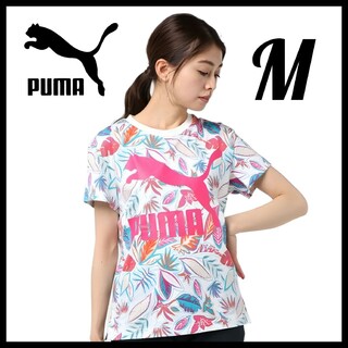 プーマ(PUMA)のPUMA★ビッグロゴ 花柄 Tシャツ★スポーツウェア★白★M★レディース(Tシャツ(半袖/袖なし))