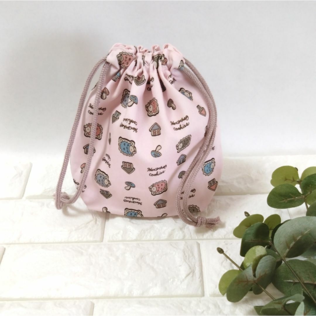 ＊《コップ袋》🦔ハリネズミクッキー・ピンク　＃n589 ハンドメイドのキッズ/ベビー(バッグ/レッスンバッグ)の商品写真