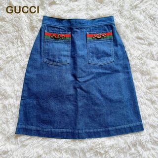 グッチ(Gucci)の美品✨グッチ　デニムスカート　台形　膝丈　シェリーライン　GG  コットン　L(ひざ丈スカート)