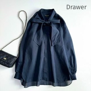 Drawer - ＊美品＊ Drawer コットン リボンタイブラウス ネイビー38