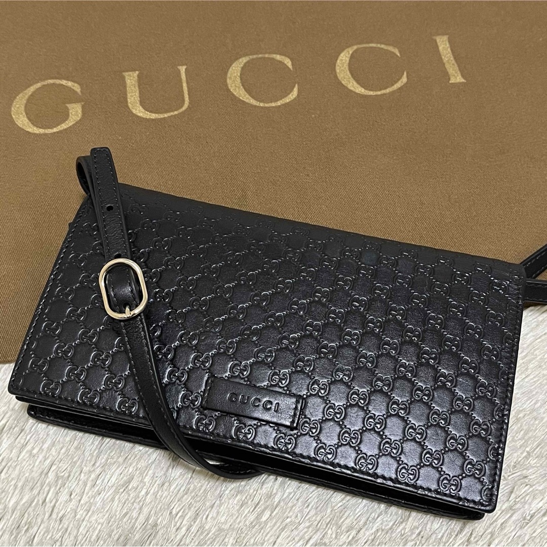 Gucci(グッチ)の734箱付✨美品✨グッチ ショルダーウォレット マイクロシマ GG柄 レザー 黒 レディースのバッグ(ショルダーバッグ)の商品写真