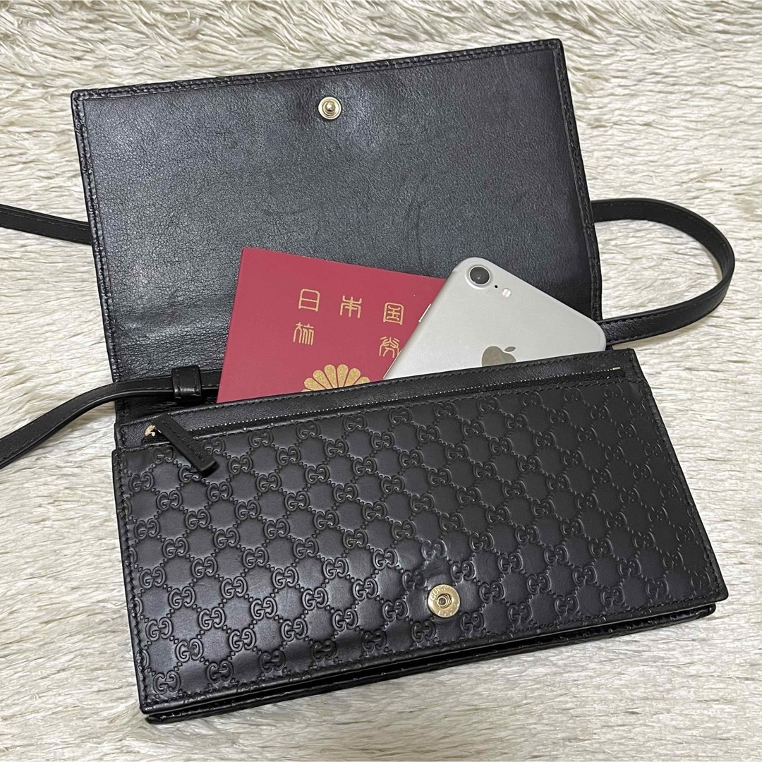 Gucci(グッチ)の734箱付✨美品✨グッチ ショルダーウォレット マイクロシマ GG柄 レザー 黒 レディースのバッグ(ショルダーバッグ)の商品写真