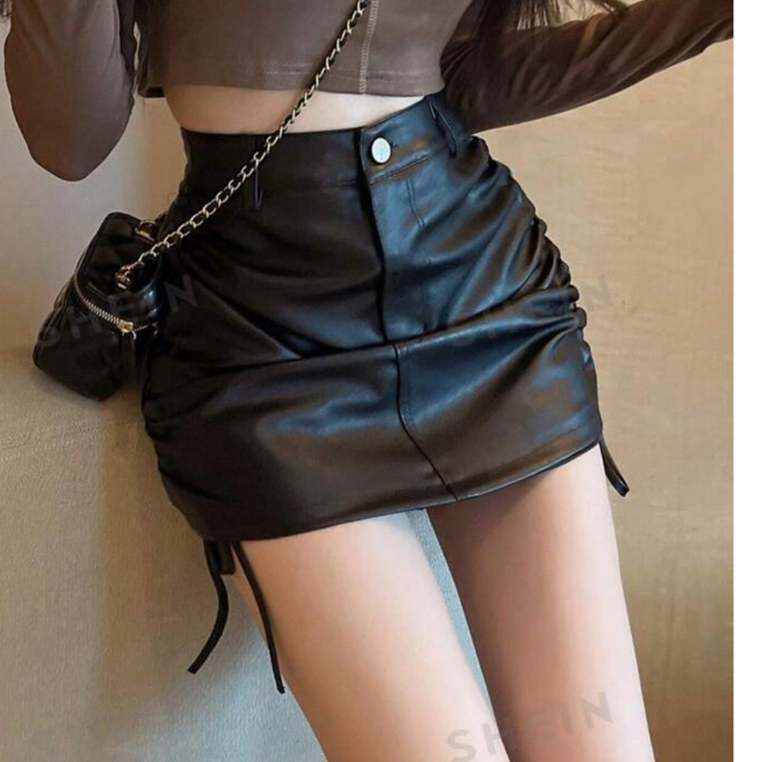 SHEIN(シーイン)のスカート ソリッド PU サイドリボンドローストリング レディースのスカート(ミニスカート)の商品写真