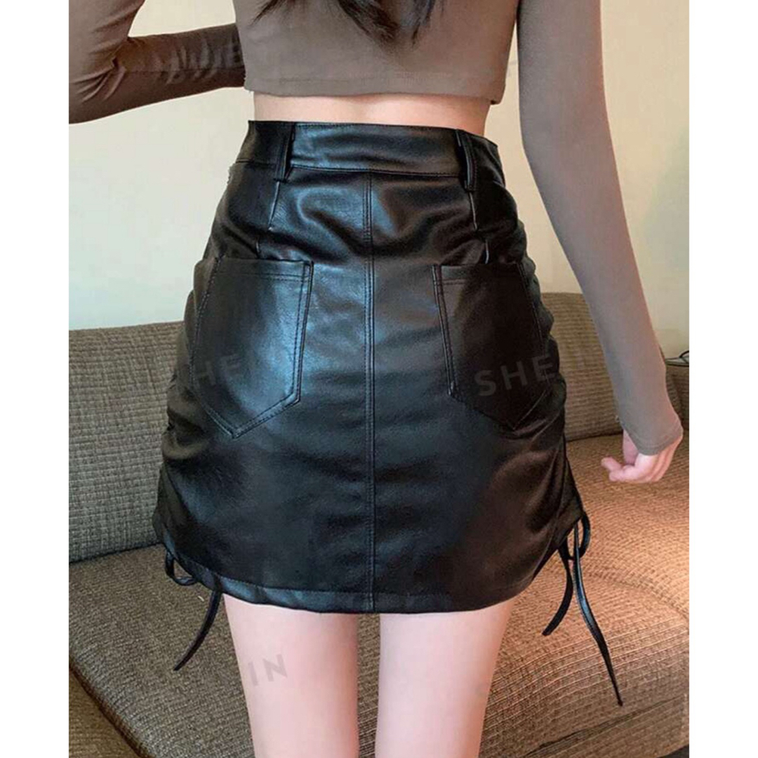 SHEIN(シーイン)のスカート ソリッド PU サイドリボンドローストリング レディースのスカート(ミニスカート)の商品写真