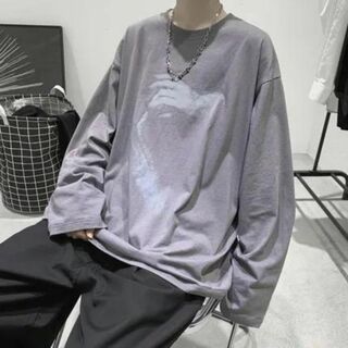 韓国 メンズ シンプル プリント 長袖 Tシャツ ロンT グレー(Tシャツ/カットソー(七分/長袖))