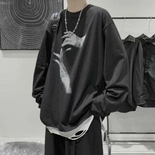 韓国 メンズ シンプル プリント 長袖 Tシャツ ロンT ブラック(Tシャツ/カットソー(七分/長袖))