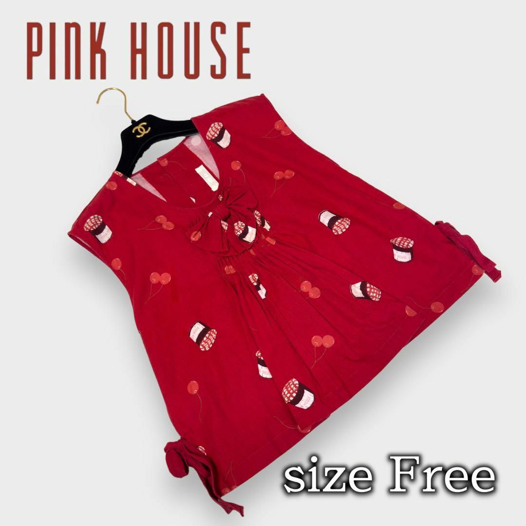 PINK HOUSE(ピンクハウス)の【極美品】ピンクハウス　ノースリーブ　ブラウス　チェリー柄　リボン付 レディースのトップス(シャツ/ブラウス(半袖/袖なし))の商品写真