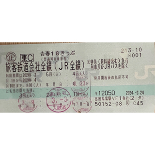 ジェイアール(JR)の青春18きっぷ１回分(鉄道乗車券)
