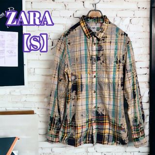 ザラ(ZARA)の希少配色★一点もの チェック柄 長袖シャツ ダメージ加工 マルチカラー 38 S(シャツ)