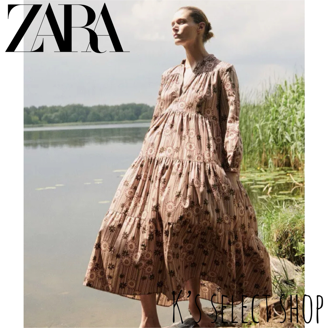 ZARA(ザラ)の美品【ZARA ザラ】ストライプ フラワープリント ロングワンピース M レディースのワンピース(ロングワンピース/マキシワンピース)の商品写真