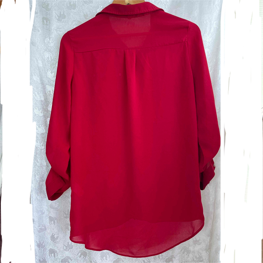 【美品】パパイヤ　papaya 長袖シアーブラウス　シャツ　赤　レッド　M  レディースのトップス(Tシャツ(長袖/七分))の商品写真