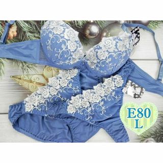 PA10★E80 L★ブラ フルバック Tバックショーツセット 花 水色(ブラ&ショーツセット)