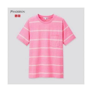 ユニクロ(UNIQLO)の新品タグ付●ユニクロ JWアンダーソンコットンリネンボーダーT  ピンク　L(Tシャツ(半袖/袖なし))