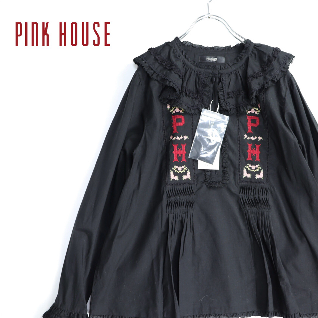PINK HOUSE(ピンクハウス)の2022 新品　PINK HOUSE ピンクハウス　ブラウス　フリル　シャツ　黒 レディースのトップス(シャツ/ブラウス(長袖/七分))の商品写真